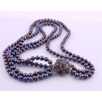 Black Freshwater Double Strand Perals With Iolite and Garnet Clasp